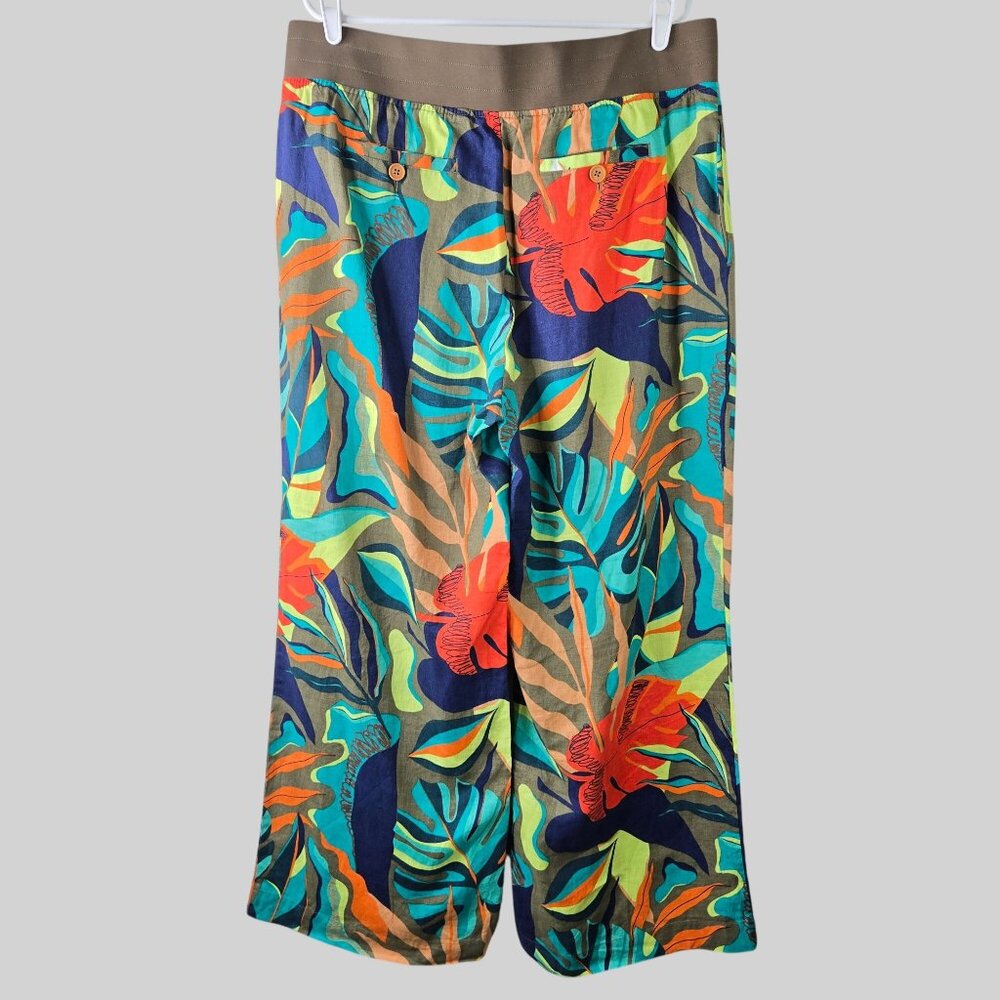 Soft Surroundings Wide Leg Linen Pants XL Tropical Print High Waisted Pull On - Picture 2 of 13